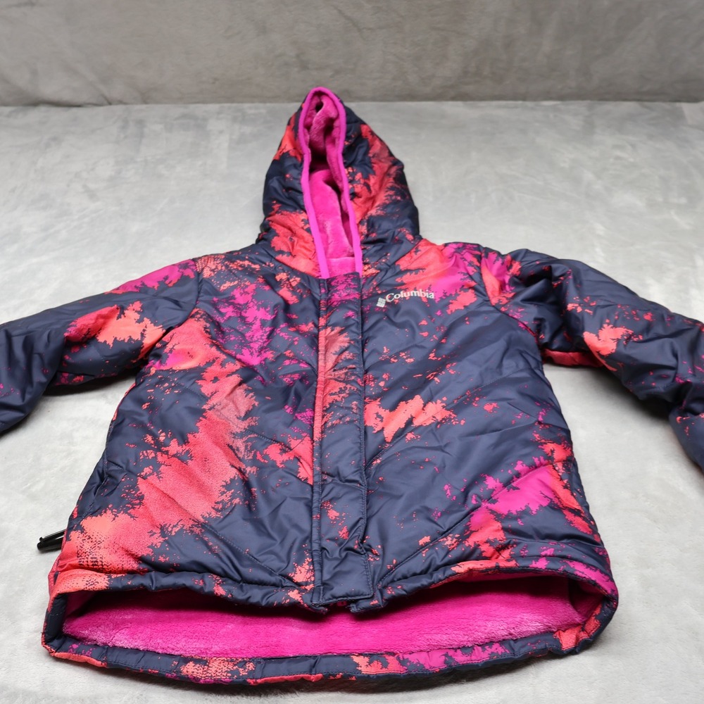 Columbia Jacket Girl Small 7/8 Pink Abstract Big Fir Reversible Fleece Insulated
